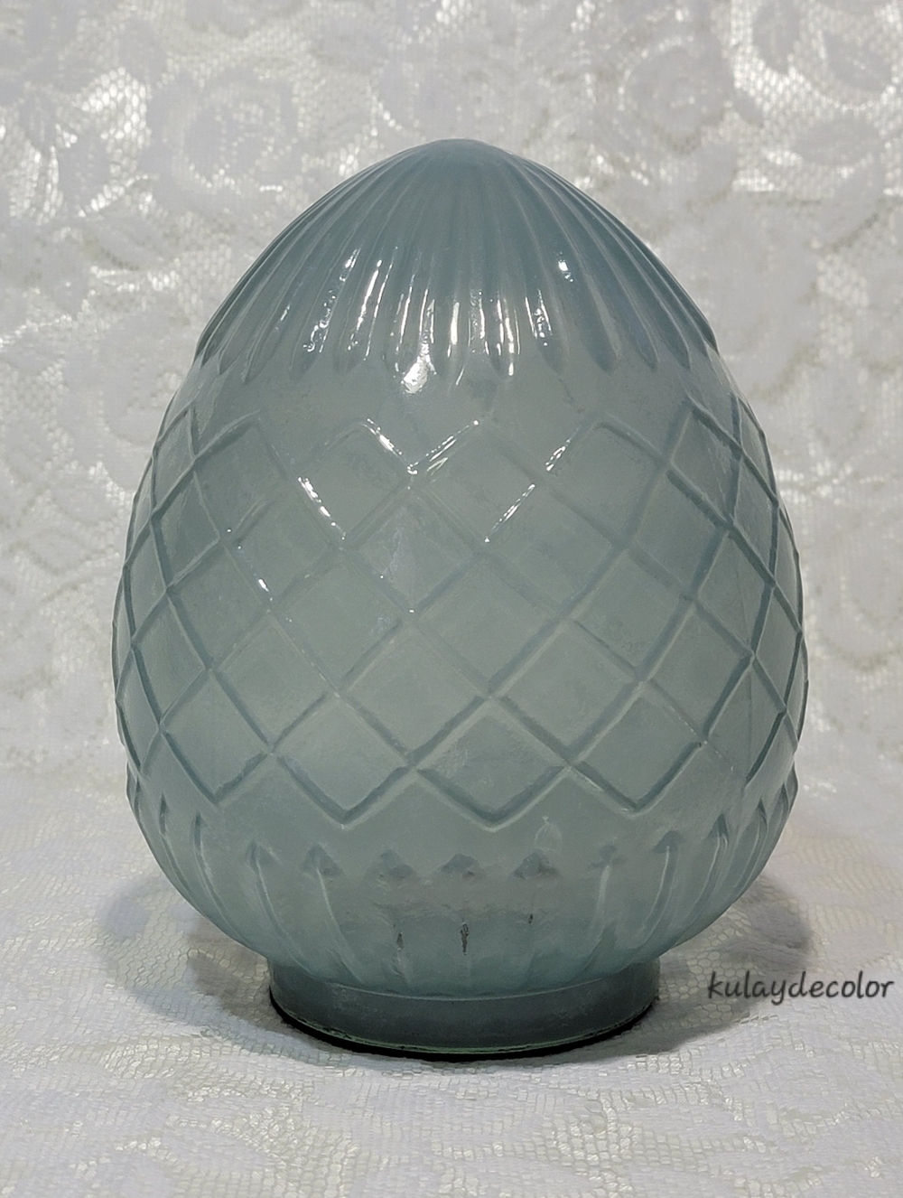 Frosted Blue Glass Egg Decorative Easter Decor Diamond Pattern Pedestal Display